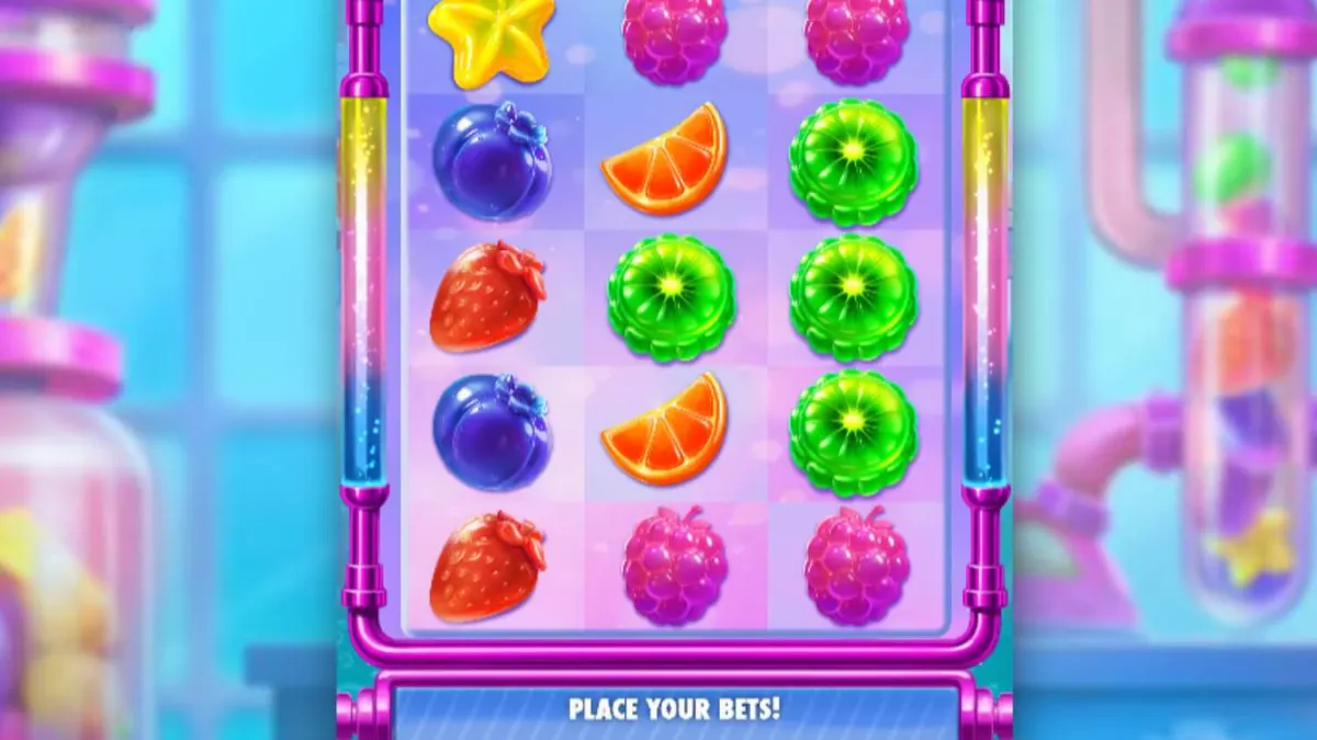 Tampilan antarmuka slot Sweet Burst dengan tema laboratorium permen futuristik