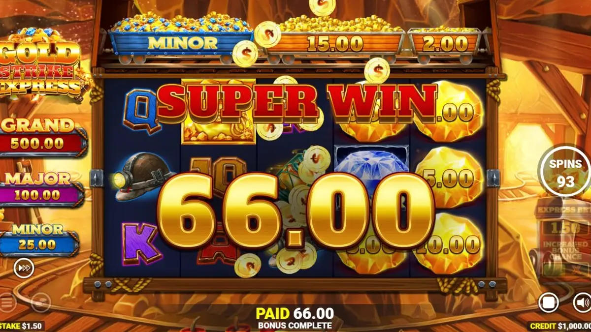 Tampilan visual permainan slot Gold Strike Express dengan tema tambang emas dan jalur kereta api.
